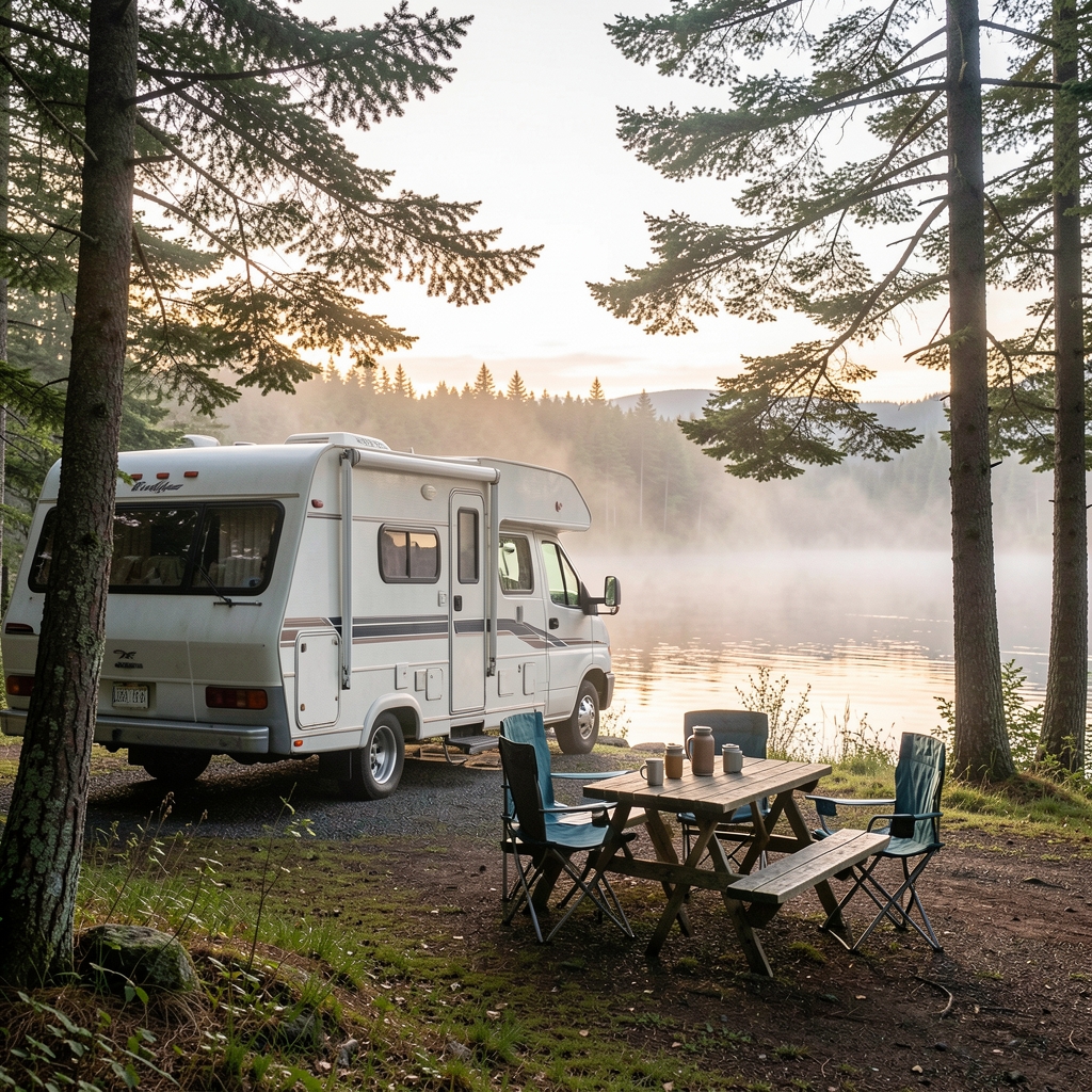 An RV at a treed lakeside campsite with morning mist rising off the calm water